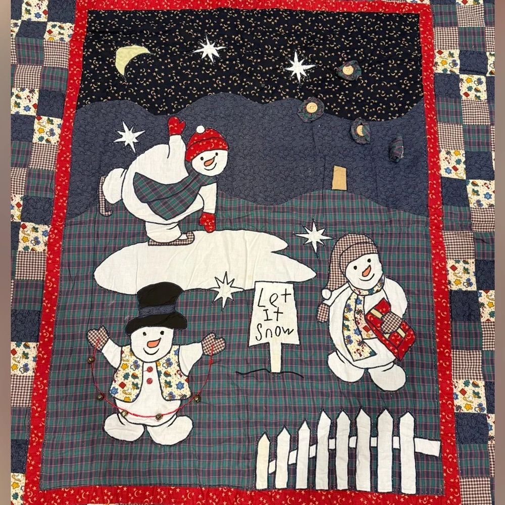 Vintage Snowman Quilted Blanket Wall Hanging 48x60 Holiday Decor